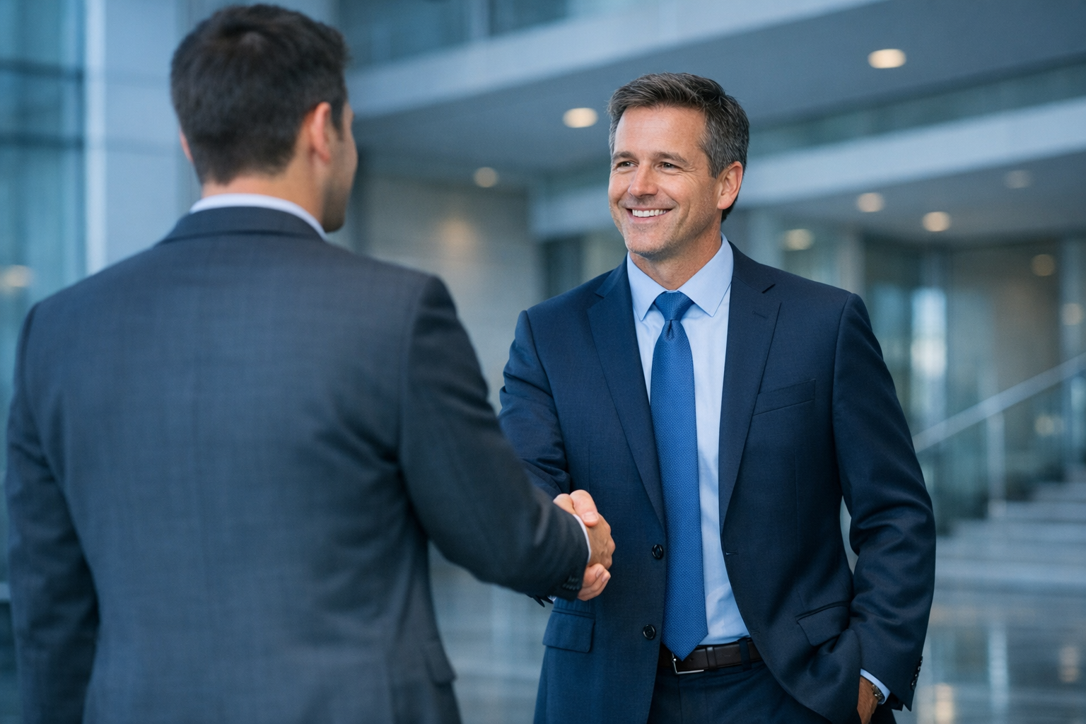 Office Handshake with Smiling and Back Facing Individuals in Blue Tones Office Handshake with Smiling and Back Facing Individuals in Blue Tones