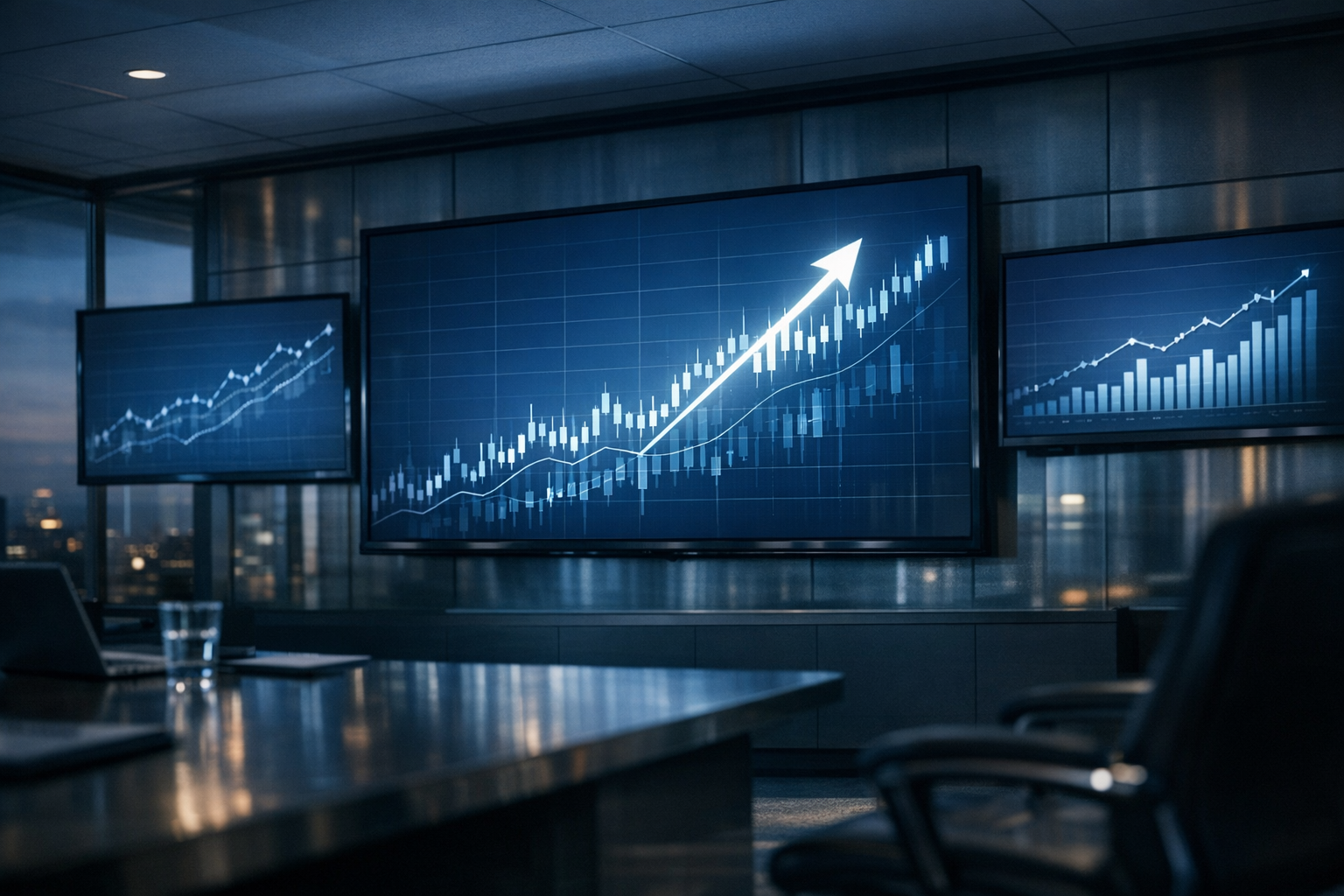 Rising Stock Charts with Growing Sales Expression in Cool Tones