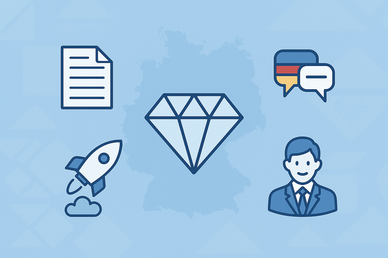 Flat-style illustration featuring a central diamond surrounded by four icons symbolizing common myths about the German market: bureaucracy, language barrier, formality, and market difficulty. Faint map of the DACH region in the background.